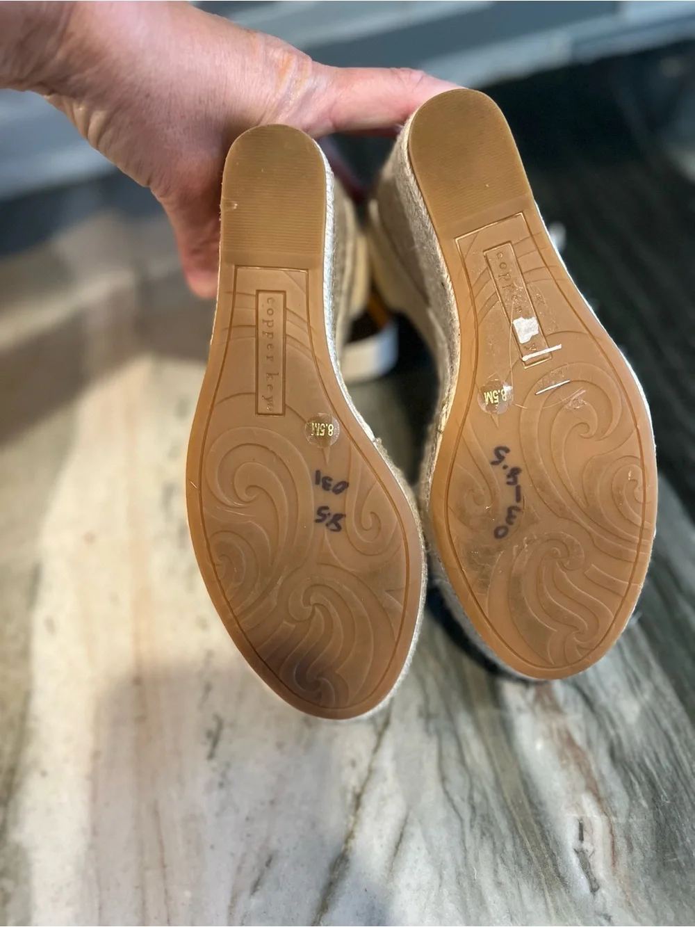 Copper Key Cream and Tan Espadrille Wedge Sandals with Ankle Strap